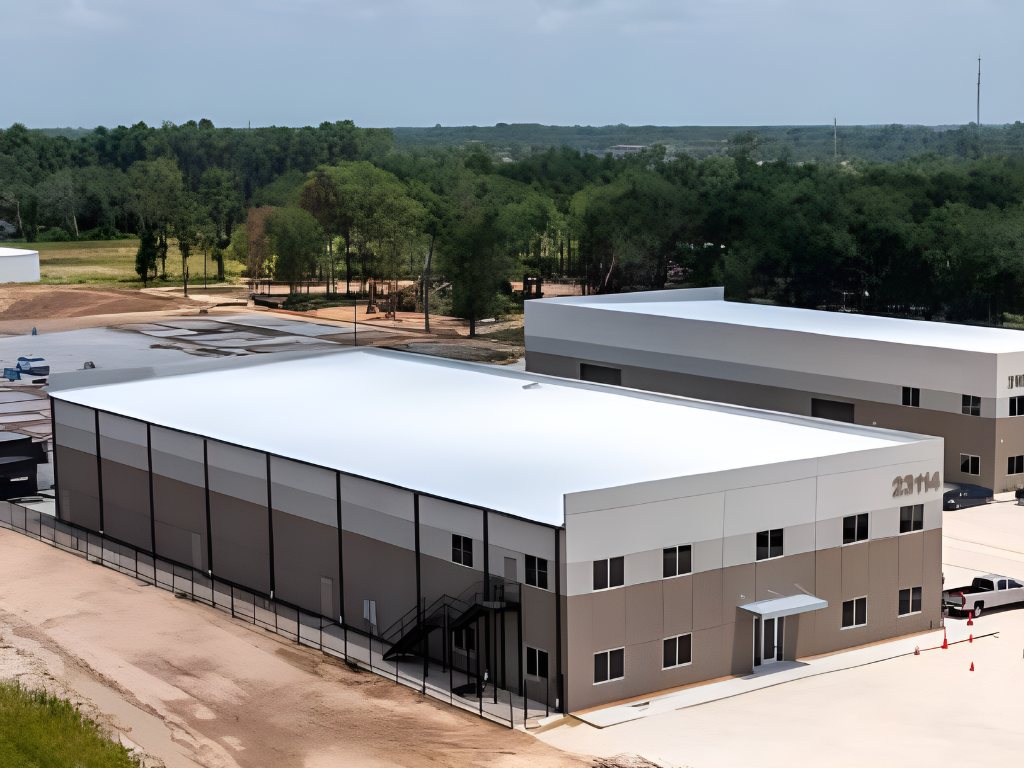Aerial view of a metal building built by Boatman Construction